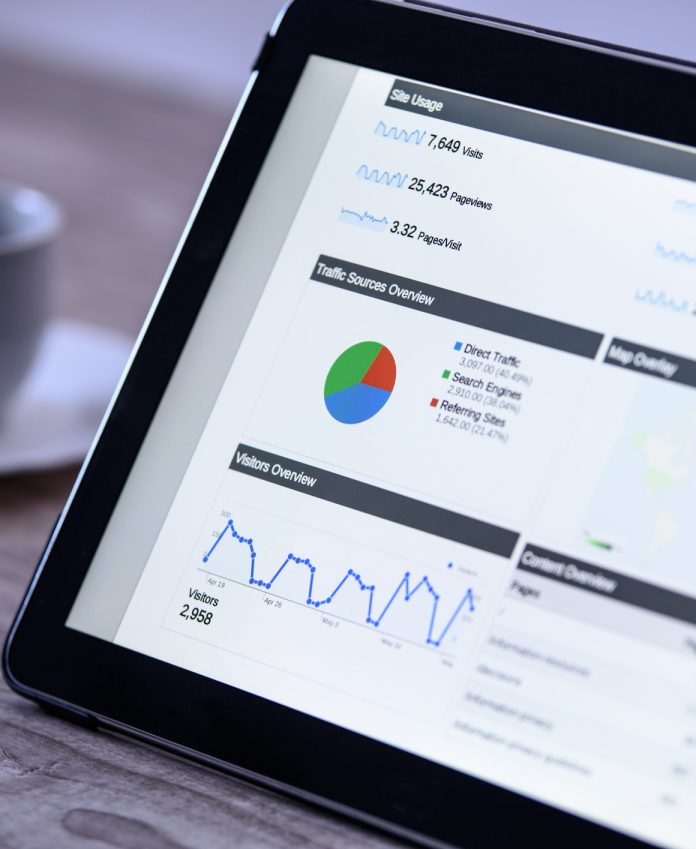 Charts and analytical data on the tablet screen with a cup of coffee on a wooden vintage table.